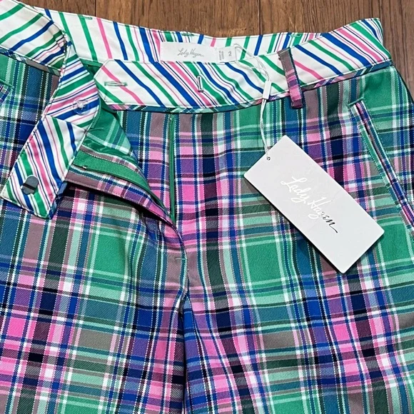 NWT- Lady Hogan Green Pink Blue Plaid Golf Athletic Shorts Sz 2 - Picture 2 of 5